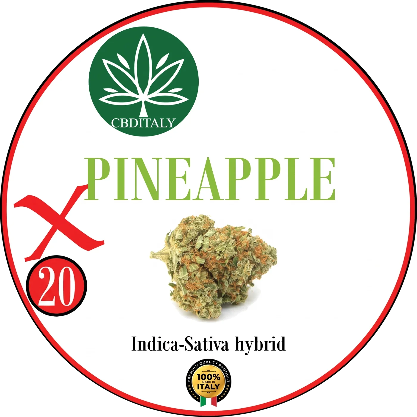 CBDITALY Pineapple X THCV 20% Indica-Sativa hübriid hemp õis rohelise logoga, valmistatud Itaalias