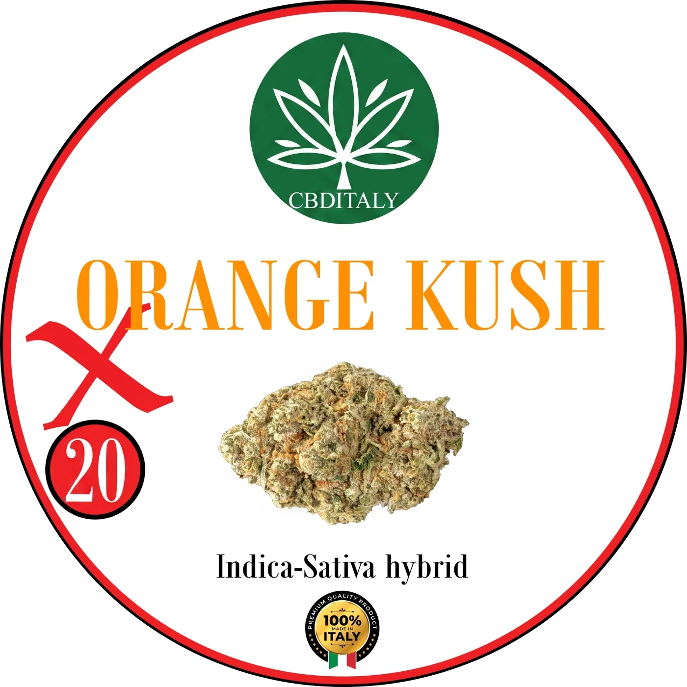 CBDITALY Orange Kush X THCV 20% Indica-Sativa hübriid hemp õis oranži logoga, valmistatud Itaalias